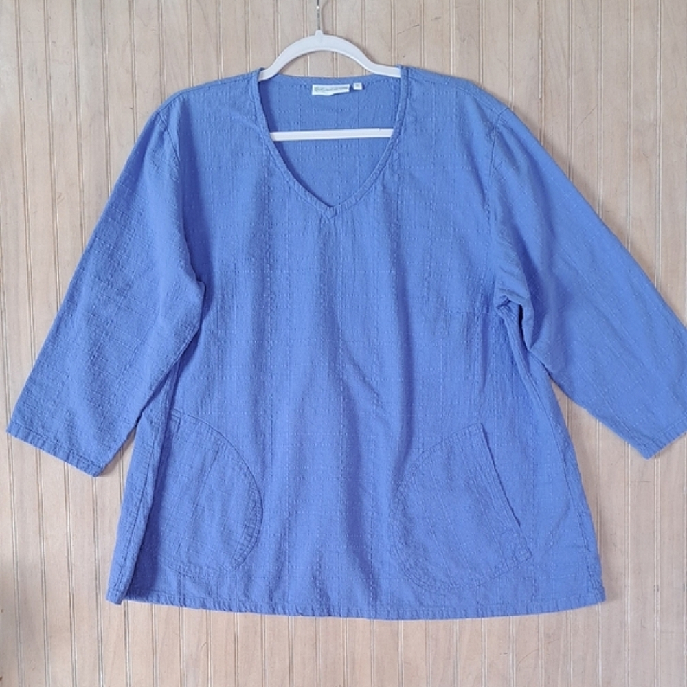 Lulu-B 100% COTTON V-Neck Gauze 3/4 Sleeve Lightweight Front Pockets Tunic Top